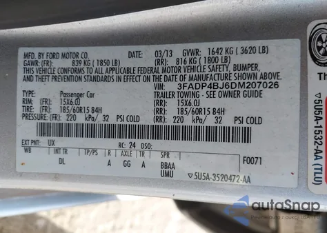 2013 Ford Fiesta Se из США, поврежденный, VIN 3FADP4BJ6DM207026